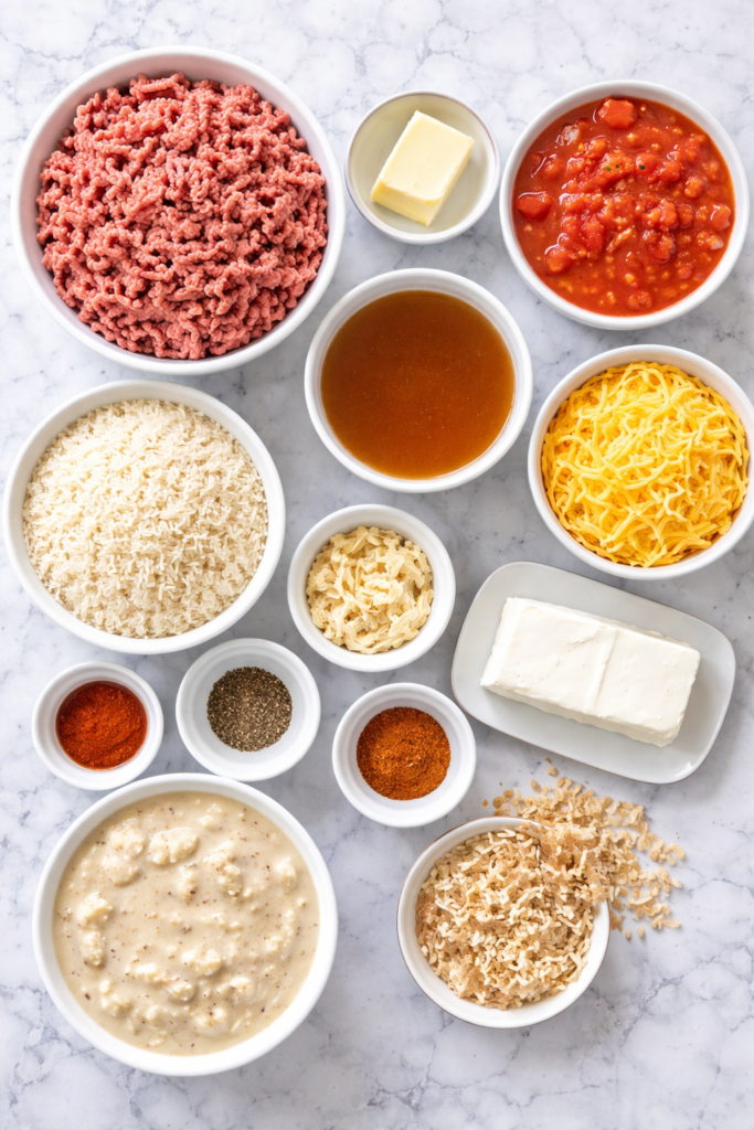 Flat lay of ingredients for creamy ground beef and rice skillet including ground beef, rice, diced tomatoes, cream cheese, cheddar cheese, broth, and seasonings on a marble countertop