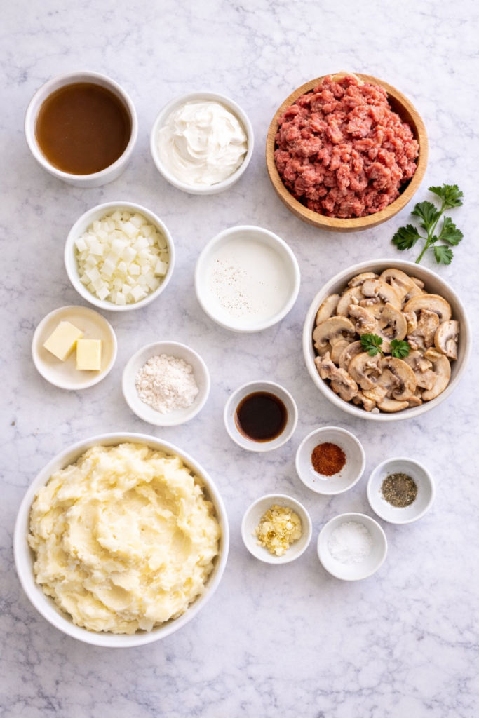 flat lay of ingredients for ground beef stroganoff mashed potato bowls on a marble counter