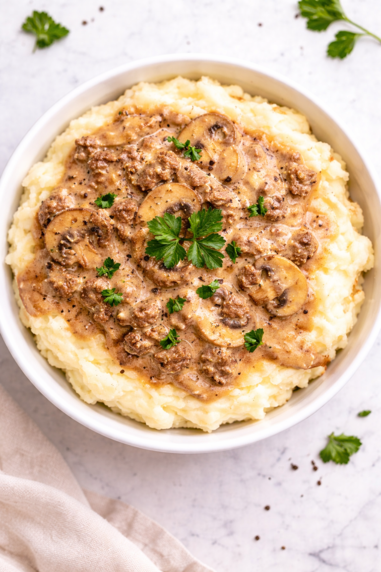 ground beef stroganoff served over mashed potatoes in a white bowl with creamy mushroom gravy