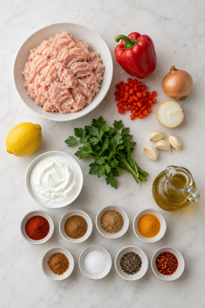 Ground chicken shawarma kabob ingredients with bell pepper, onion, garlic, parsley, Greek yogurt, lemon, olive oil, and spices.