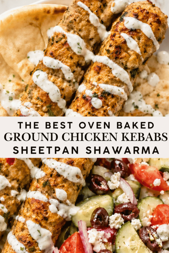 Ground chicken shawarma kebabs drizzled with garlic yogurt sauce and served with pita, Greek salad, feta, olives, and lemon.