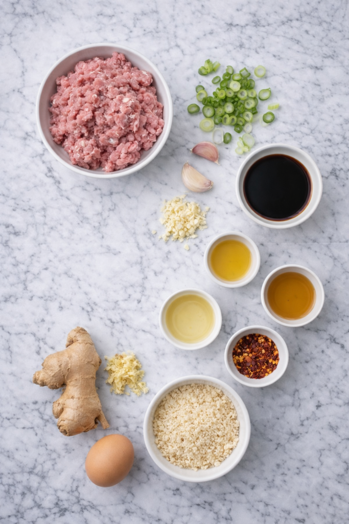 Flat lay of gyoza meatball ingredients including ground pork, green onions, garlic, ginger, soy sauce, sesame oil, egg, and panko breadcrumbs on a marble countertop