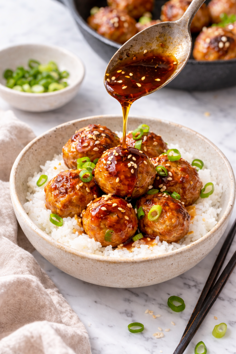 Gyoza meatballs served over steamed rice with soy ginger sauce being spooned over the top, garnished with green onions and sesame seeds on a marble countertop
