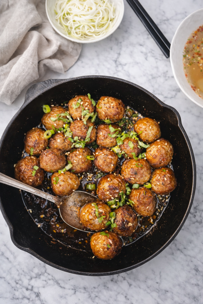 Gyoza meatballs pan-seared in a cast iron skillet with soy ginger glaze, garnished with green onions and sesame seeds on a marble countertop
