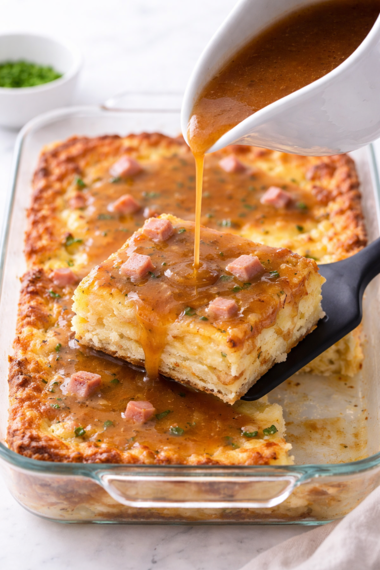 Thin red eye gravy being poured over a slice of ham and egg breakfast casserole in a glass baking dish on a marble countertop