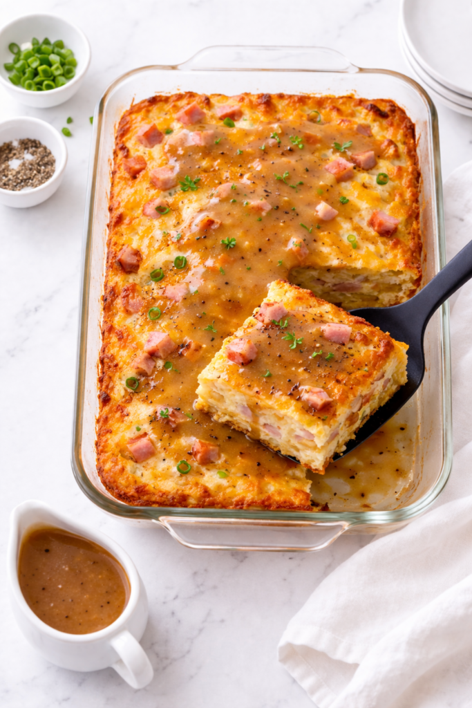 Ham and egg breakfast casserole topped with thin red eye gravy in a glass baking dish on a marble countertop