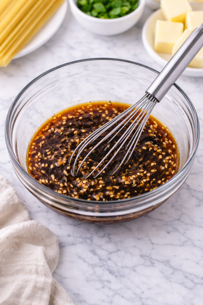 hibachi noodle sauce being whisked in a glass bowl with soy sauce garlic sesame oil and brown sugar