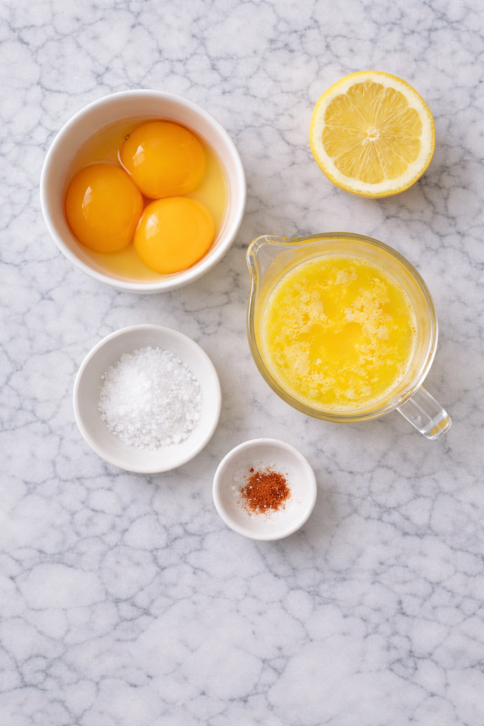 Flat lay of hollandaise sauce ingredients including egg yolks, melted butter, lemon, salt, and cayenne on a marble countertop