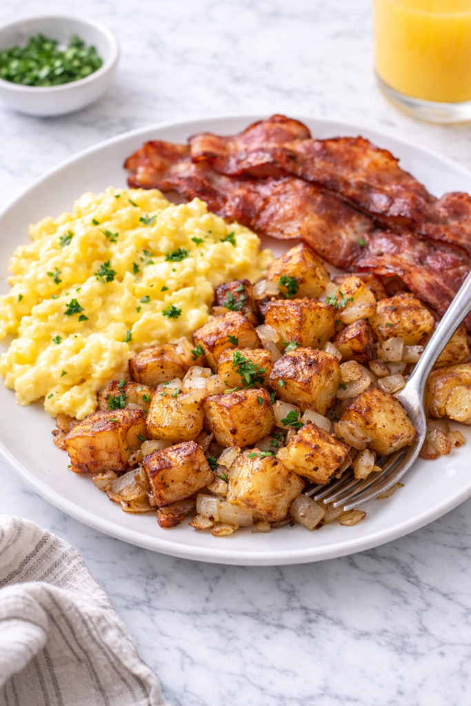 crispy home fries with creamy scrambled eggs and bacon on white plate with fork