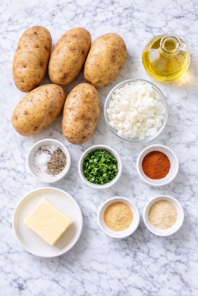 ingredients for homemade crispy home fries on marble counter