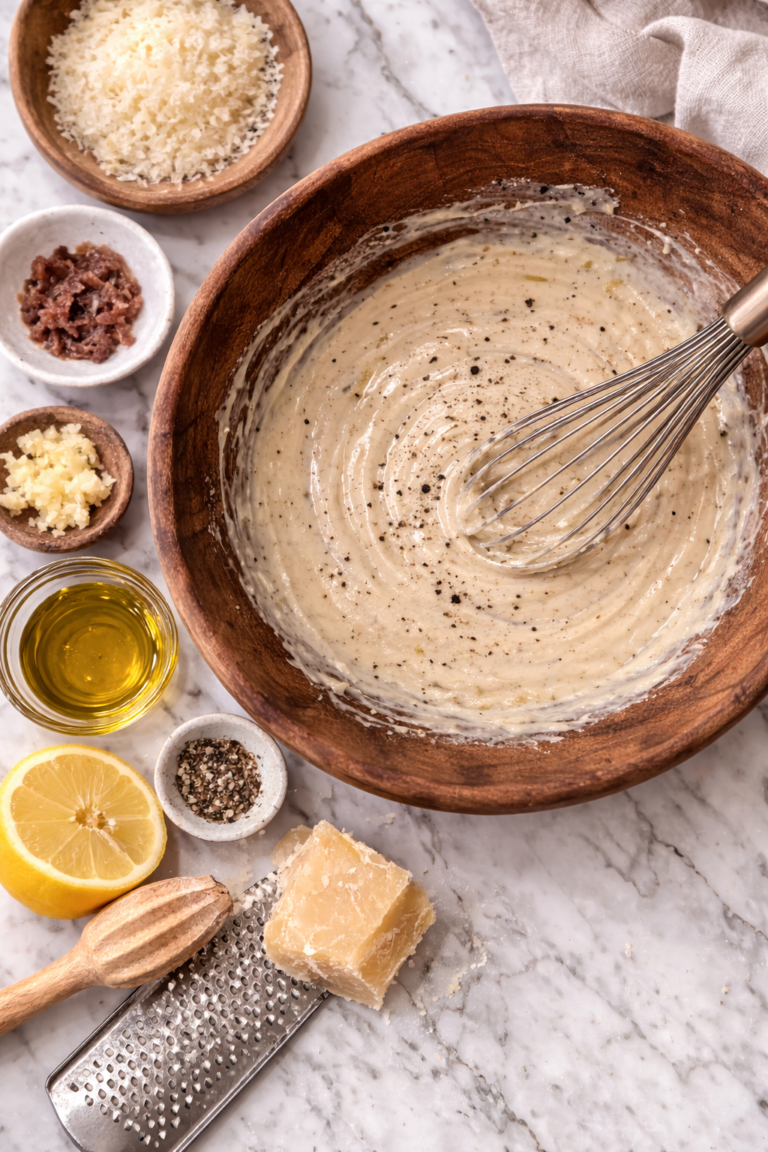 Homemade Caesar dressing being whisked in a wooden bowl on a marble countertop with garlic, anchovies, lemon, olive oil, and Parmesan.