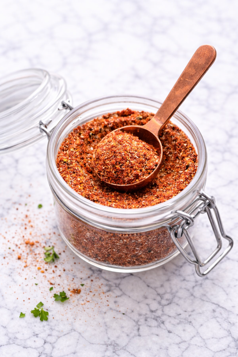 Homemade Cajun seasoning spice blend in a glass jar with a copper spoon on a marble countertop