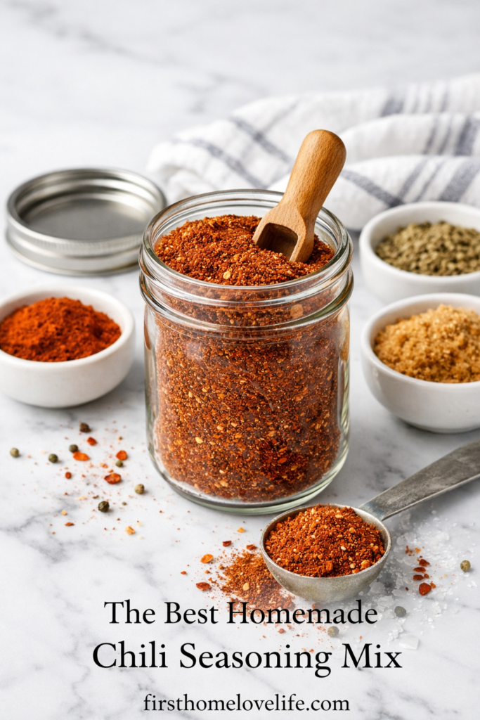 homemade chili seasoning mix in glass jar on marble counter with clean aesthetic