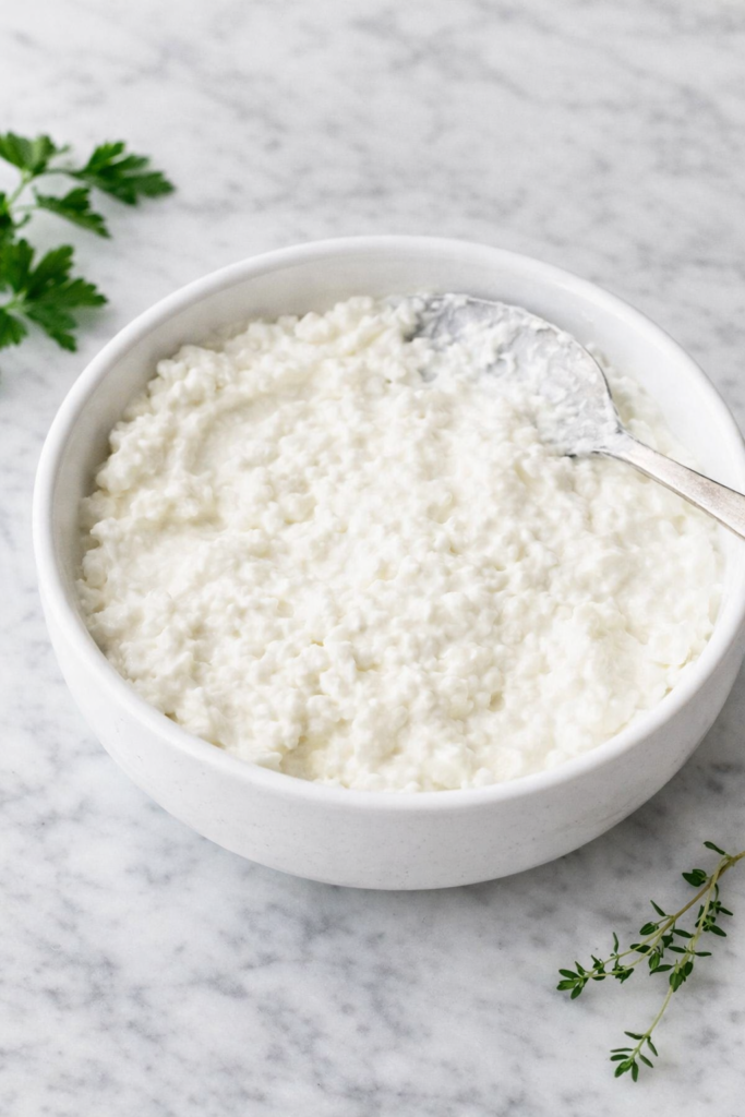 Homemade cottage cheese in a white bowl on a marble countertop with fresh herbs nearby