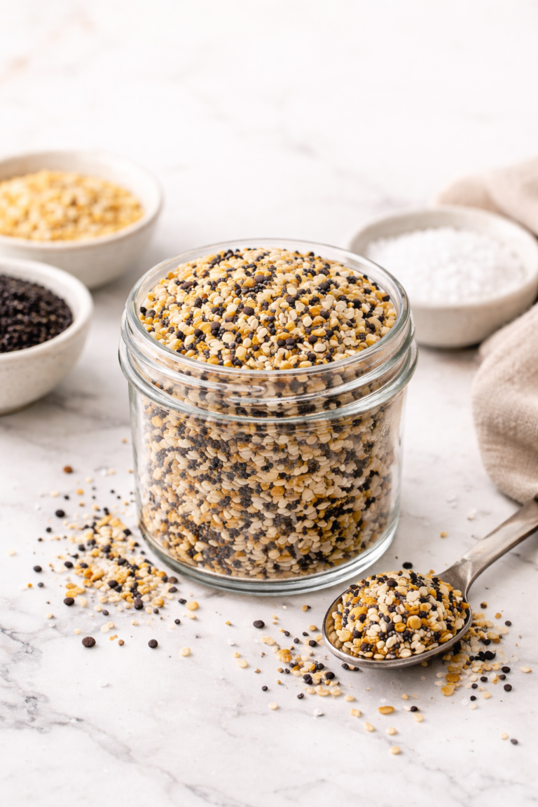 Homemade everything bagel seasoning in a glass jar with sesame seeds, poppy seeds, garlic, onion, and salt on a marble countertop