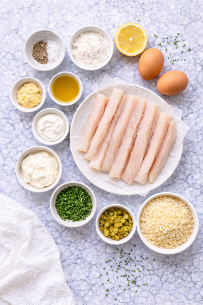flat lay of ingredients for homemade fish sticks including cod strips, panko breadcrumbs, eggs, flour, lemon, mayonnaise, pickles, and chives on a marble countertop