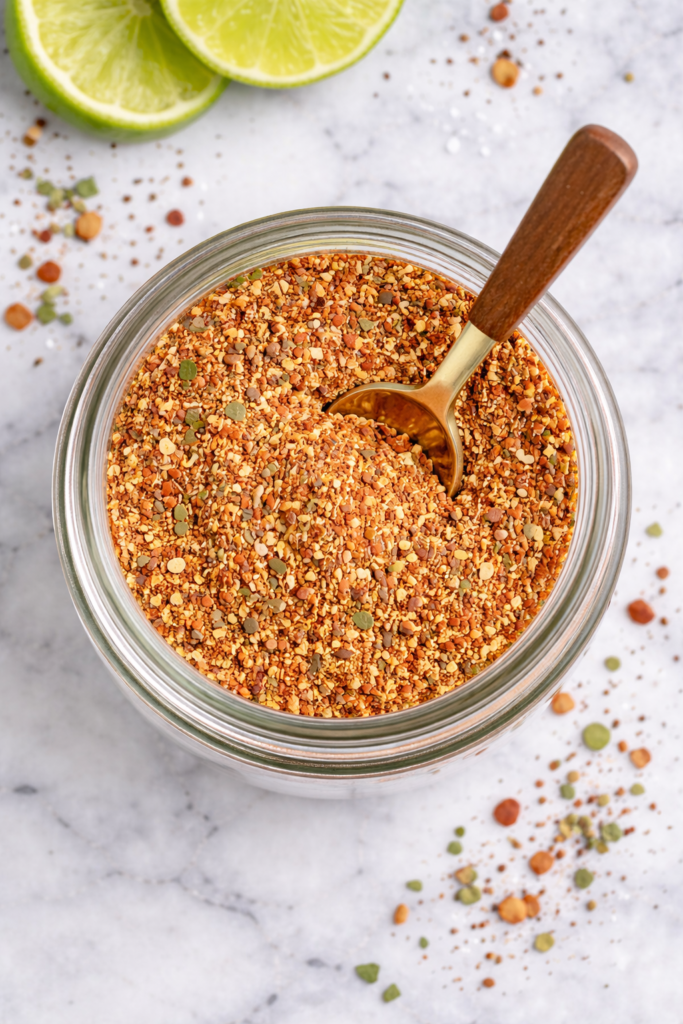 Birds eye view of homemade guacamole seasoning spice blend in a glass jar with a spoon on a white marble countertop