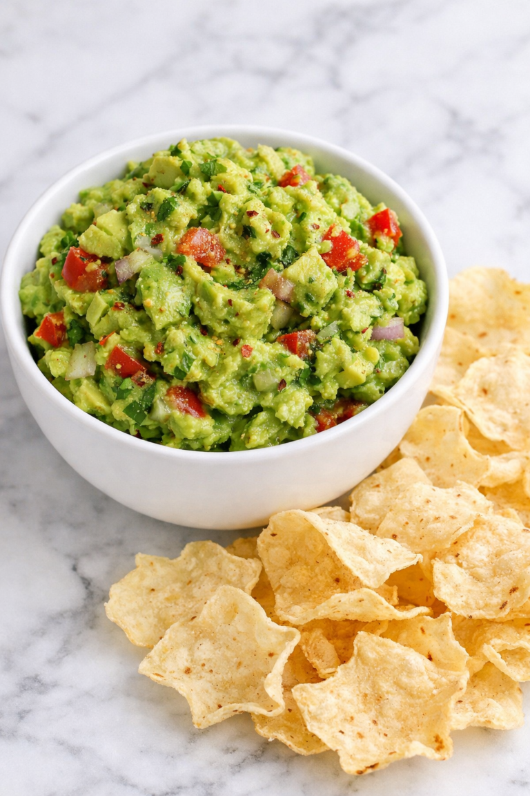 Homemade chunky guacamole in a white bowl served with tortilla chips on a white marble countertop