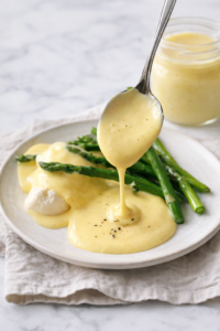 Homemade hollandaise sauce drizzled over asparagus on a neutral ceramic plate with a mason jar of sauce on a marble countertop