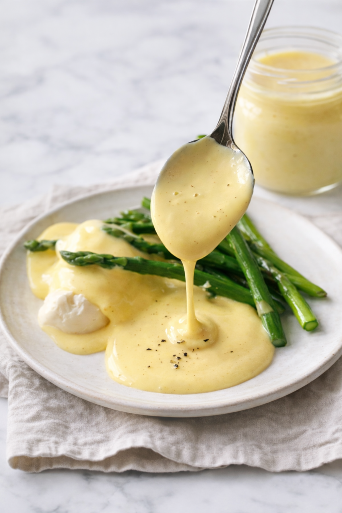 Homemade hollandaise sauce drizzled over asparagus on a neutral ceramic plate with a mason jar of sauce on a marble countertop