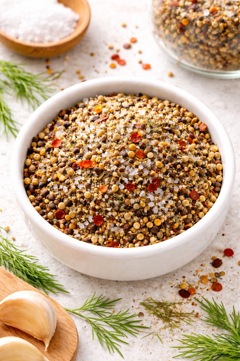 Homemade Montreal steak seasoning in a white bowl with coarse salt, cracked pepper, coriander, garlic, and red pepper flakes on a marble countertop