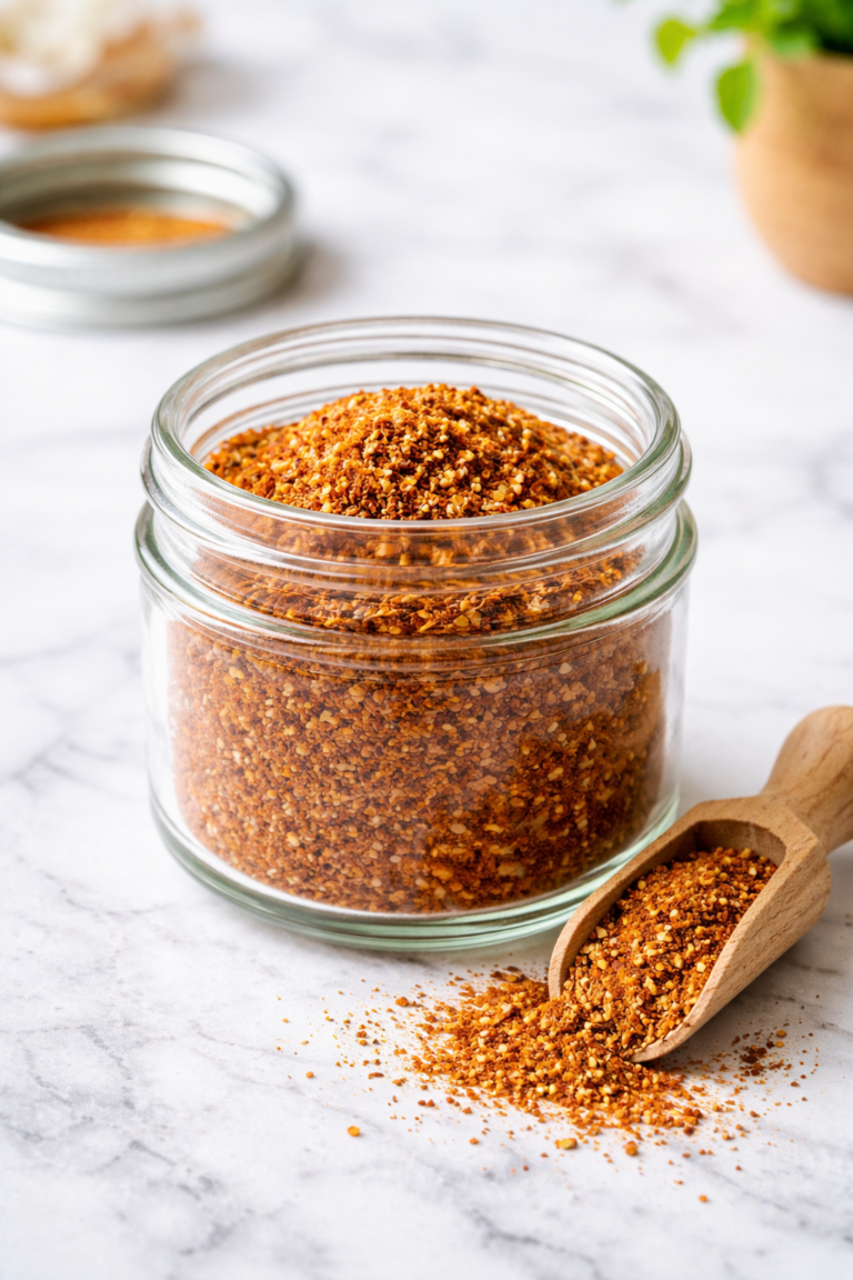 homemade old bay seasoning blend in a glass jar on a white marble countertop