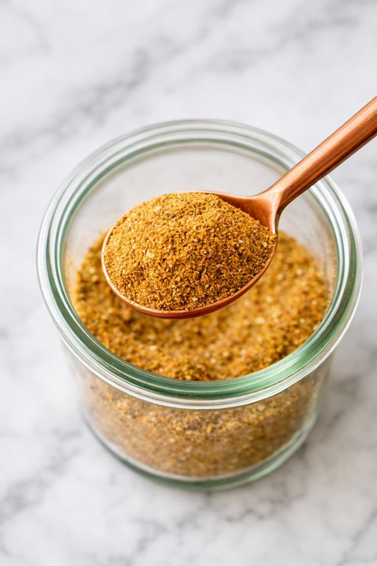 Copper spoon scooping homemade shawarma seasoning from a glass jar on a white marble countertop