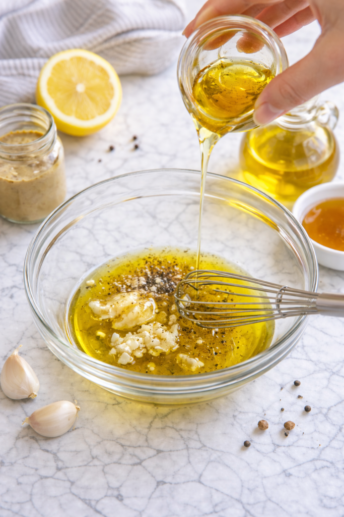 honey lemon vinaigrette dressing being whisked in glass bowl with olive oil garlic dijon mustard and lemon on marble counter