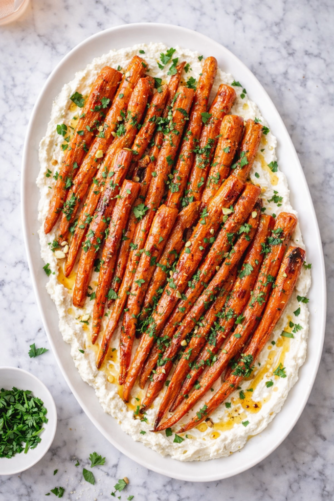 Honey roasted carrots arranged on a white oval platter over creamy whipped feta, finished with chopped parsley and a drizzle of honey on a marble countertop.
