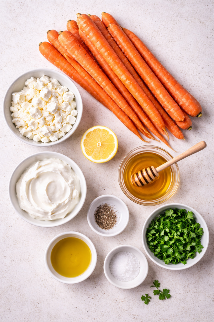 ingredients for honey roasted carrots over whipped feta including fresh carrots, feta cheese, Greek yogurt, honey, lemon, olive oil, salt, pepper, and chopped parsley on a light surface.