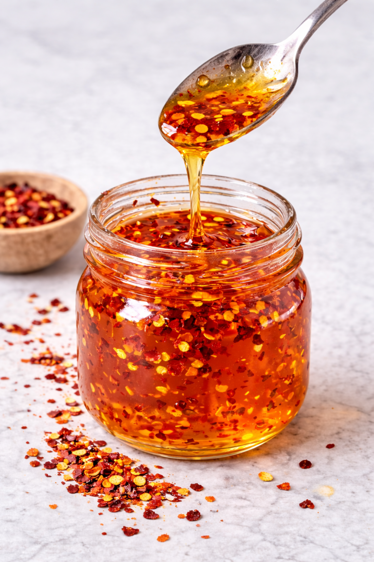 Homemade hot honey with chili flakes drizzling from a spoon into a glass jar on a marble countertop