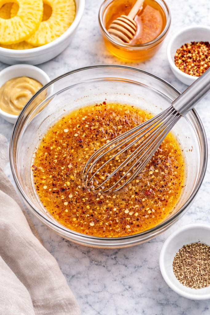 Whisking hot honey glaze with butter, honey, Dijon mustard, and red pepper flakes in a glass bowl on a marble countertop