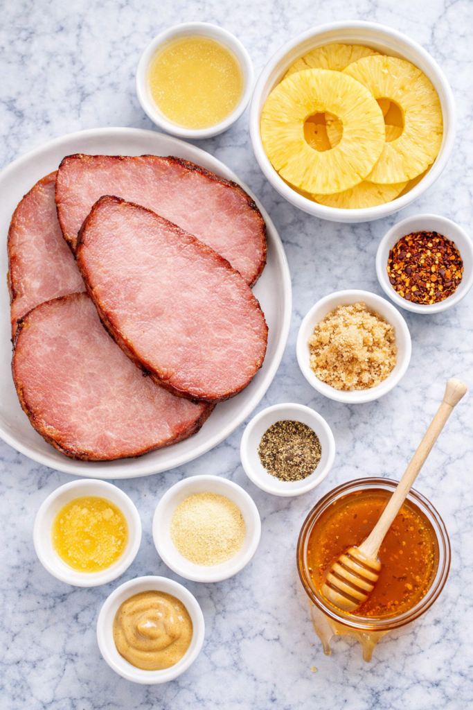 Ingredients for hot honey ham steaks with pineapple including ham steaks, pineapple slices, honey, Dijon mustard, and spices on a marble countertop