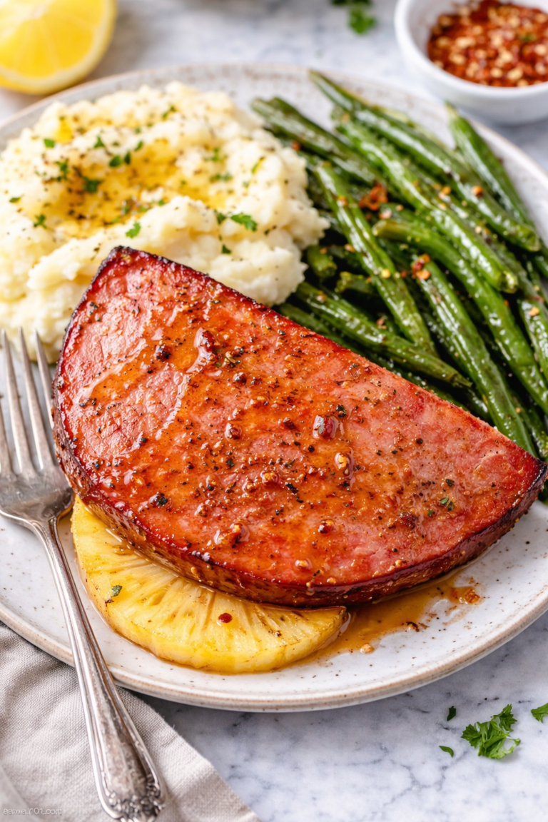 Hot honey glazed ham steak with pineapple served with mashed potatoes and green beans on a plate