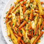 Hot honey roasted carrots and parsnips on a white platter with parsley on a marble countertop