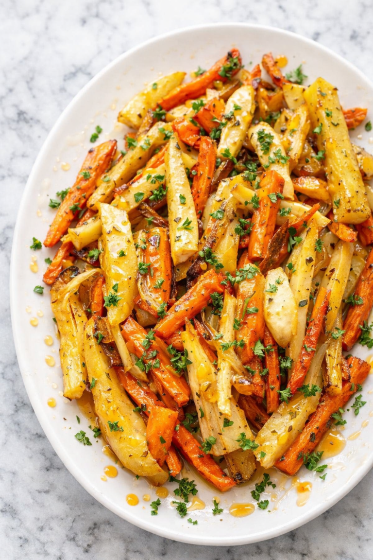 Hot honey roasted carrots and parsnips on a white platter with parsley on a marble countertop