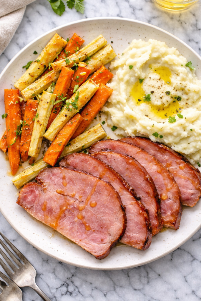 Plate of hot honey roasted carrots and parsnips served with sliced ham and creamy mashed potatoes