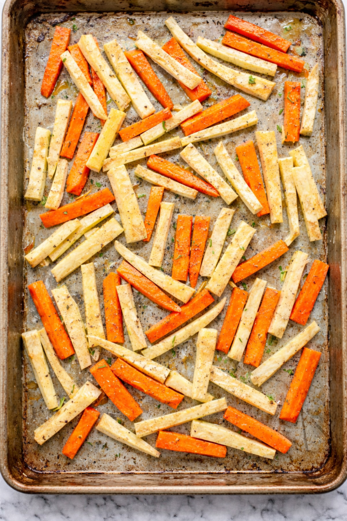 Cut carrots and parsnips tossed with oil, salt, and pepper on a well-used baking sheet before roasting