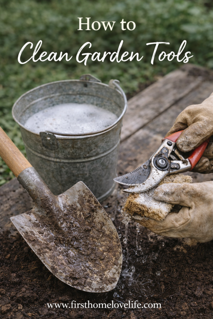 how to clean garden tools by scrubbing muddy pruning shears and shovel with soapy water in early spring garden cleanup
