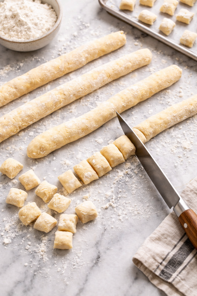 Cutting potato gnocchi dough ropes into small pieces on a floured marble countertop step by step