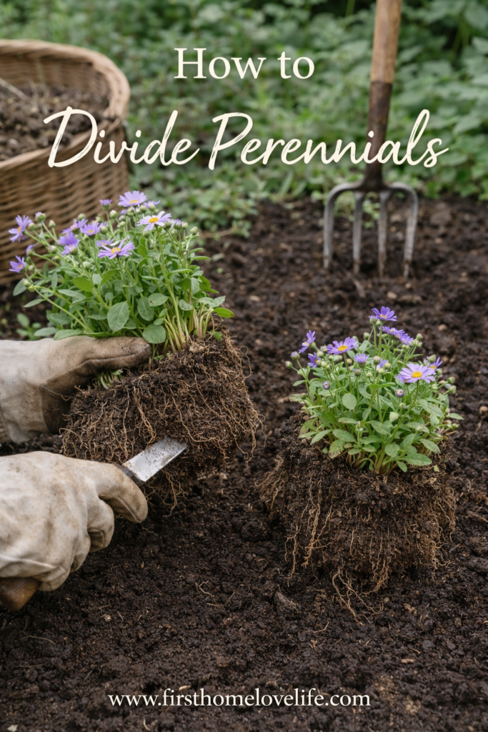 how to divide perennials by cutting a perennial root clump in garden soil during early spring garden cleanup