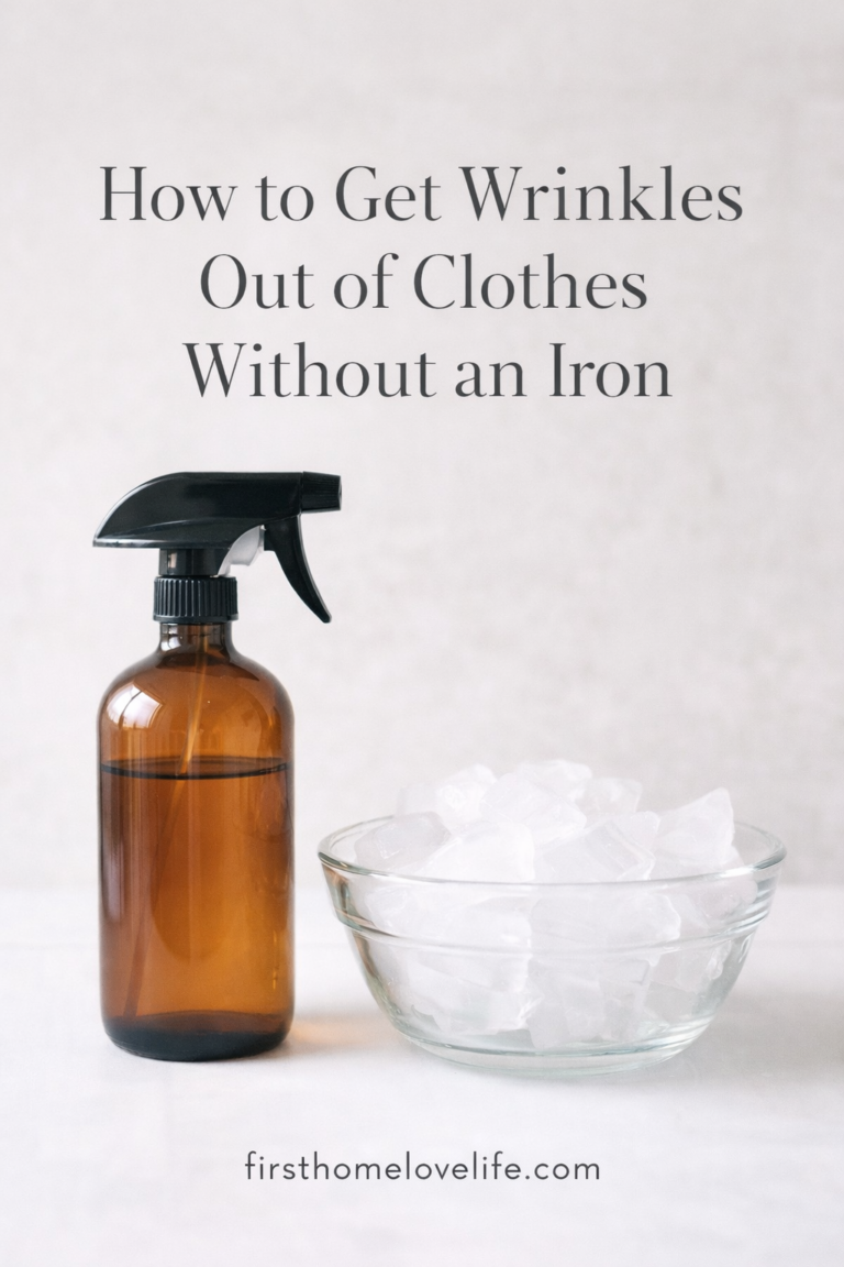 Amber spray bottle and bowl of ice on a neutral background illustrating how to get wrinkles out of clothes without an iron