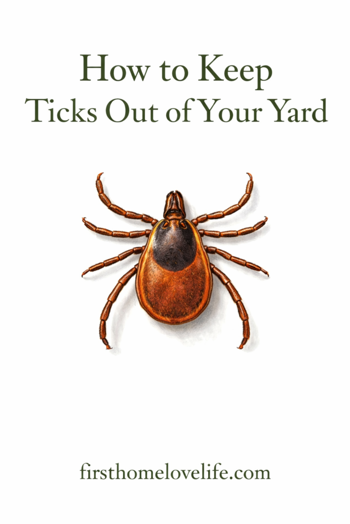 Illustration of a tick with the title “How to Keep Ticks Out of Your Yard” and the website firsthomelovelife.com on a clean white background.