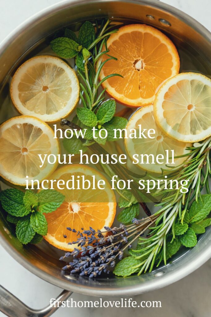 Top-down view of a pot with lemon, orange slices, rosemary, mint, lavender, and vanilla bean for spring stovetop potpourri