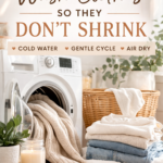 Neutral aesthetic laundry scene with folded clothes, wicker basket, and washing machine illustrating tips on how to wash clothes so they don’t shrink