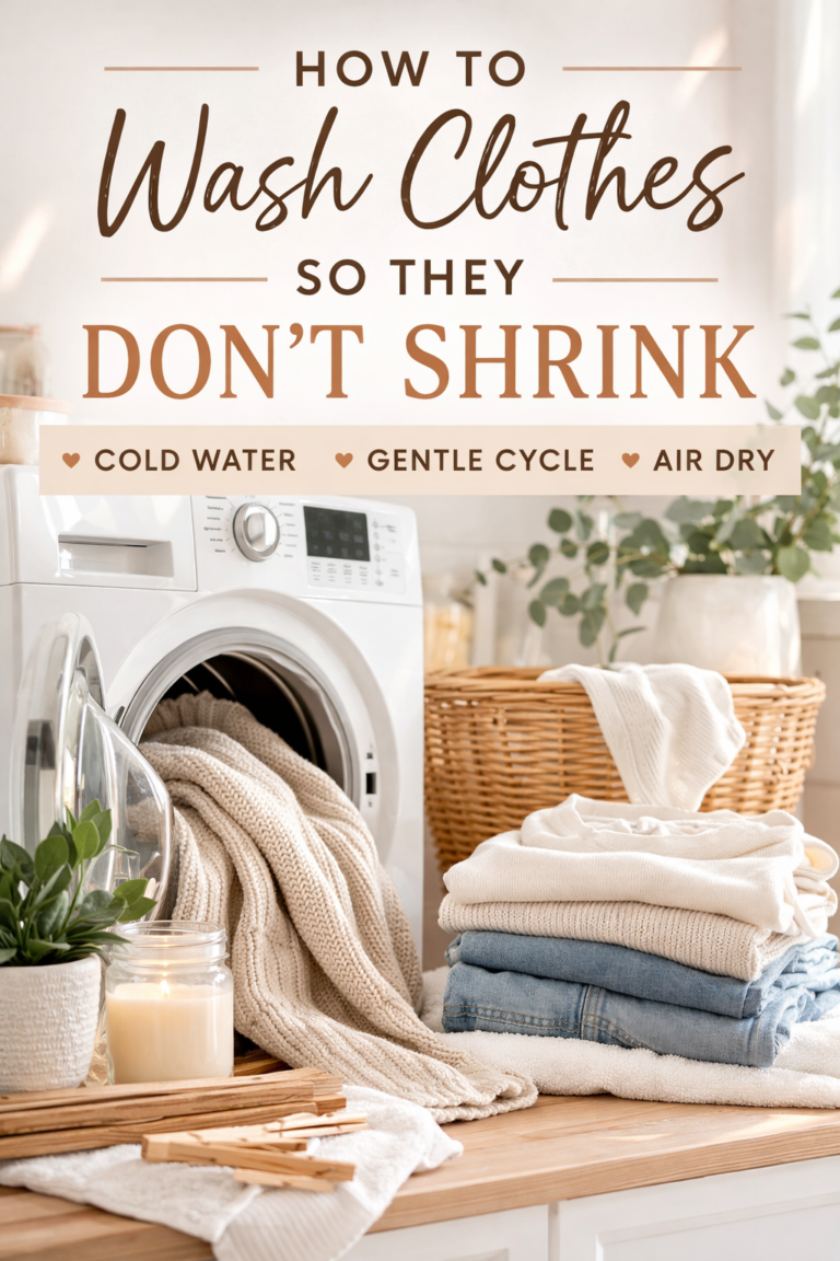 Neutral aesthetic laundry scene with folded clothes, wicker basket, and washing machine illustrating tips on how to wash clothes so they don’t shrink