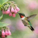 ruby throated hummingbird feeding on pink comfrey flowers in garden