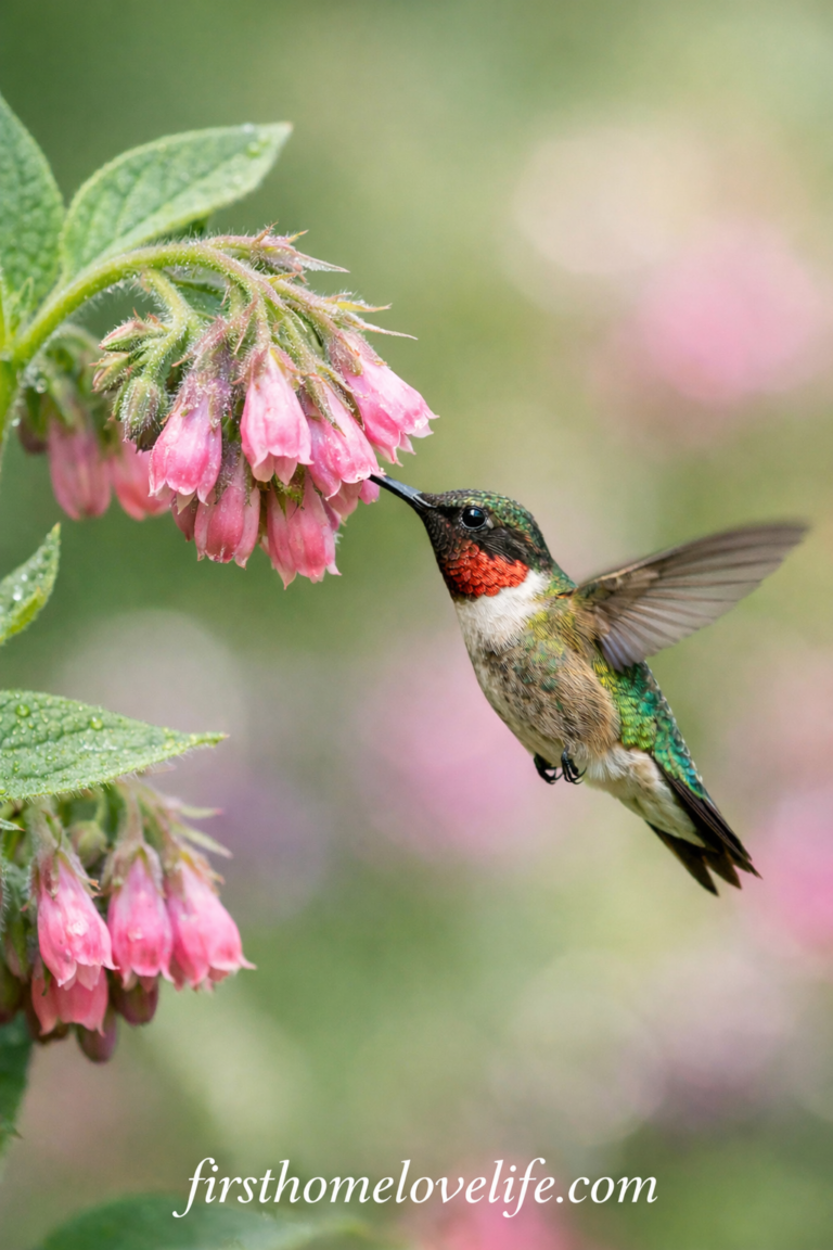 ruby throated hummingbird feeding on pink comfrey flowers in garden
