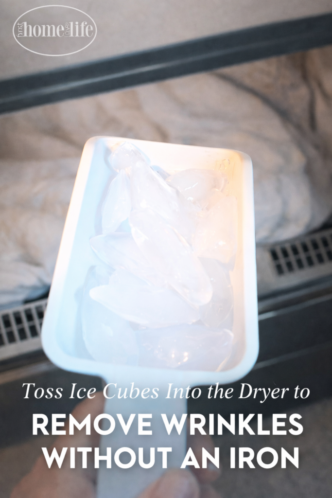 Ice cubes being placed into a clothes dryer to remove wrinkles from clothing without using an iron