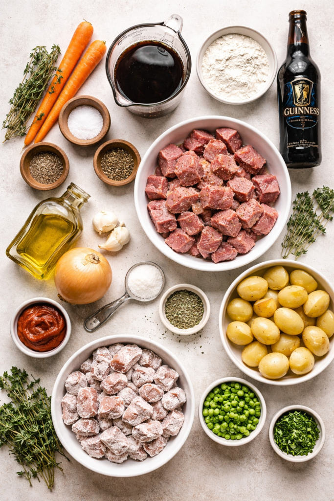 Flat lay of ingredients for Irish lamb stew including lamb, potatoes, carrots, peas, thyme, flour, and stout